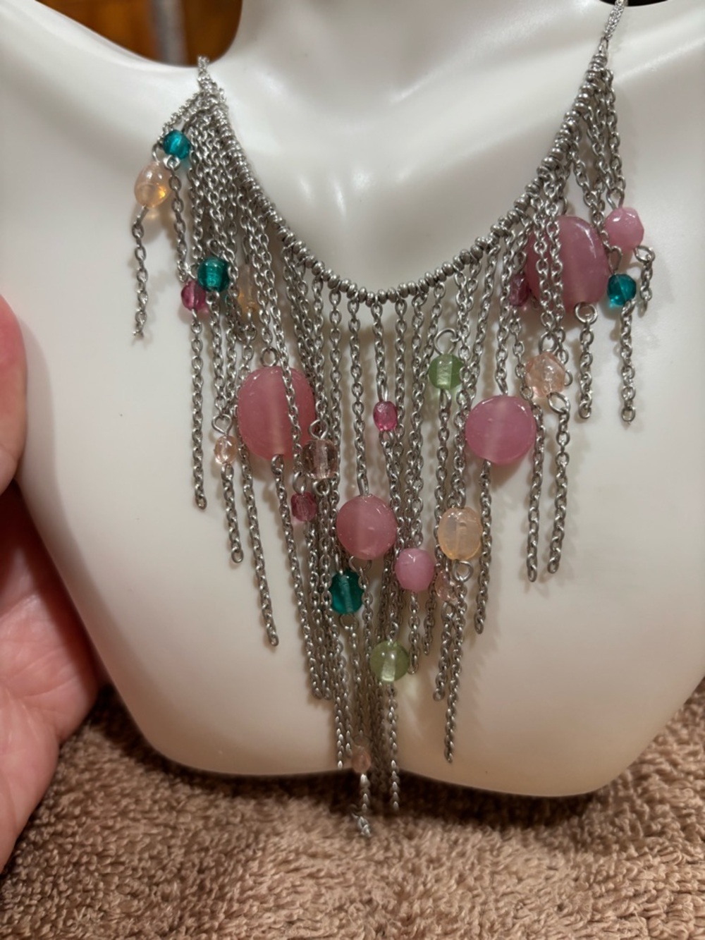 Silver Fringe Necklace with Pink and Multicolor Beads
